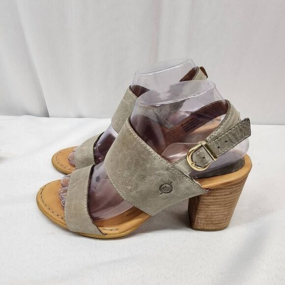 Born Women's 8M Slingback Sandals Gray Leather Double Strap Open Toe Block Heel - Picture 3 of 6